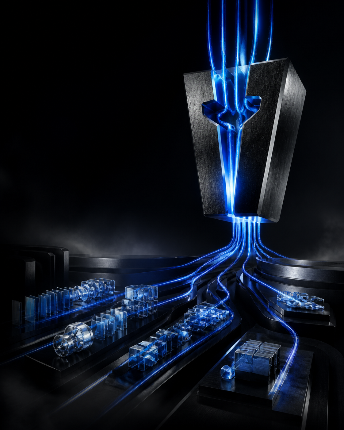 A monumental metallic keystone transforms five cobalt streams into organized business systems.