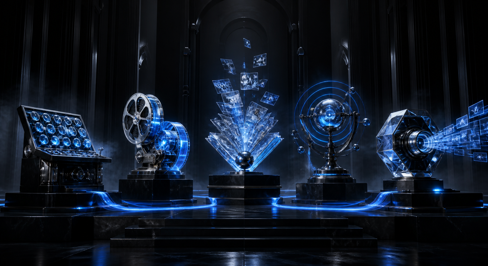 Five connected dark-chrome artifacts represent the included Keystone AI implementation systems.